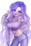    1girl absurdres bangs blue_eyes breasts flower green_nails hand_on_hip highres jacket jacket_on_shoulders large_breasts long_hair mamavale midriff neko_neko_ne_katta open_mouth pants parted_bangs purple-tinted_eyewear purple_hair purple_jacket purple_nails purple_pants see-through silvervale simple_background sleeves_past_wrists sunglasses tinted_eyewear v very_long_hair vshojo white_background 