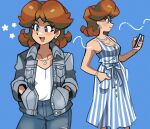  1girl blue_background blue_eyes brown_hair denim dress earrings flower_earrings hands_in_pockets holding holding_phone jacket jeans jewelry loveycloud multiple_views pants phone princess_daisy smile striped striped_dress super_mario_bros. 