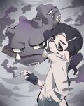  1girl black_eyes black_hair cigar cigarette crossover earrings fangs floating gloves grey_background hair_tie hand_in_pocket head_tilt high_collar holding holding_cigarette inkling jacket jewelry long_sleeves looking_at_another looking_at_viewer looking_up matsushita_(matsudbox) pointy_ears pokemon smoke splatoon_(series) standing upper_body weezing white_jacket 