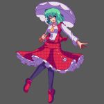  1girl ascot bangs black_legwear breasts eyebrows_visible_through_hair frilled_skirt frills full_body green_hair grey_background holding holding_umbrella kazami_yuuka large_breasts long_sleeves looking_at_viewer lowres mary_janes one_eye_closed open_mouth parasol pixel_art plaid plaid_skirt plaid_vest potemki11 red_eyes red_footwear shirt shoes short_hair simple_background skirt solo thigh-highs touhou umbrella vest white_shirt yellow_neckwear 