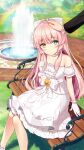  1girl bench bow collarbone dress eksistere_kyrenia fountain girl_cafe_gun gloves grass hair_bow headpat heterochromia highres long_hair looking_at_viewer official_art pink_hair rainbow sitting solo_focus white_gloves 