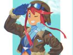  1girl bangs blue_eyes blue_gloves brown_jacket commentary cropped_jacket eyelashes floating_hair gloves go-lurk goggles goggles_on_headwear grin hand_up hat jacket one_eye_closed open_clothes open_jacket pilot pokemon pokemon_(game) pokemon_bw redhead salute shiny shiny_hair short_hair_with_long_locks sidelocks skyla_(pokemon) smile solo upper_body 