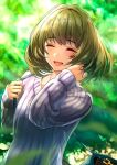  1girl :d bag big_hair blush closed_eyes facing_viewer green_hair grey_sweater hand_up idolmaster idolmaster_cinderella_girls kagawa_ichigo long_sleeves medium_hair open_mouth outdoors ribbed_sweater shoulder_bag smile solo sweater takagaki_kaede upper_body 