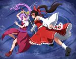  2girls artist_name ascot belt between_fingers black_footwear black_hair bow brown_footwear detached_sleeves dress fighting frilled_hair_tubes frilled_skirt frills gohei hair_bow hair_ornament hair_tubes hakurei_reimu highres holding holding_stick holding_sword holding_weapon long_hair mary_janes multiple_girls neckwear ofuda pink_eyes ponytail purple_hair rakkidei red_bow red_dress red_eyes red_ribbon red_skirt red_sleeves red_vest ribbon shirt shoes simple_background skirt smile socks solo stick sword touhou vest watatsuki_no_yorihime weapon white_legwear white_shirt yellow_neckwear yellow_ribbon 