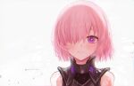  1girl armor bare_shoulders black_armor blush commentary_request fate/grand_order fate_(series) grin hair_over_one_eye harukappa highres lips looking_at_viewer mash_kyrielight one_eye_covered pink_hair pink_lips short_hair simple_background smile solo teeth upper_body violet_eyes white_background 