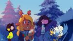  1boy 1other 2girls antlers beak berdly_(deltarune) blonde_hair brown_hair buck_teeth coffee_cup cup deltarune disposable_cup earmuffs furry holding holding_cup kris_(deltarune) matt_cummings multiple_girls noelle_holiday outdoors scarf snow striped striped_sweater susie_(deltarune) sweater tree 