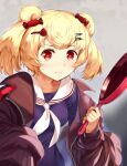  1girl animal_ears arknights bangs bear_ears blonde_hair breasts brown_jacket candy_hair_ornament commentary_request food-themed_hair_ornament frying_pan grey_background gummy_(arknights) hair_ornament holding holding_frying_pan jacket junshi_(junbox) long_sleeves looking_at_viewer medium_breasts off_shoulder open_clothes open_jacket purple_shirt red_eyes sailor_collar sailor_shirt shirt short_hair solo twintails upper_body white_sailor_collar 