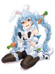  1girl @_@ animal_ear_fluff animal_ears arm_garter bangs black_gloves black_legwear black_leotard blue_hair bow braid breasts carrot_hair_ornament commentary_request don-chan_(usada_pekora) dress ears_down eyebrows_visible_through_hair food-themed_hair_ornament full_body fur-trimmed_dress fur-trimmed_gloves fur_scarf fur_trim furrowed_brow gloves gotoh510 hair_ornament hair_ribbon hololive leotard long_hair looking_at_viewer multicolored_hair open_mouth pantyhose pom_pom_(clothes) rabbit_ears rabbit_tail ribbon shaded_face shoes signature simple_background sitting small_breasts solo strapless strapless_dress streaked_hair sweatdrop tail thick_eyebrows thigh_strap tress_ribbon twin_braids twintails two-tone_hair usada_pekora virtual_youtuber wariza wavy_mouth white_background white_bow white_dress white_footwear white_hair 