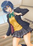  1girl :d bangs blazer blue_eyes blue_hair blue_jacket bow bowtie breasts ciel_(tsukihime) dress_shirt dutch_angle glasses green_neckwear grey_skirt hand_up hida_tatsuo highres indoors jacket looking_at_viewer medium_breasts open_clothes open_jacket open_mouth pleated_skirt school_uniform shirt short_hair skirt smile solo stairs standing sweater tsukihime tsukihime_(remake) v-neck yellow_sweater 