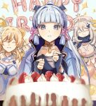  3girls absurdres cake food genshin_impact happy_birthday highres kamisato_ayaka lumine_(genshin_impact) multiple_girls paimon_(genshin_impact) smile unacha 