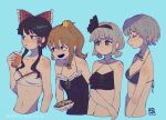  4girls alternate_hairstyle bandeau bangs bare_shoulders bikini black_bikini black_bra black_hairband black_swimsuit blonde_hair blue_background bow bra braid breasts brown_eyes brown_hair closed_eyes closed_mouth cup drink drinking eyebrows_visible_through_hair food green_bow green_eyes grey_bikini grey_bra grey_hair hair_between_eyes hair_bow hair_ornament hair_tubes hairband hakurei_reimu hand_up hat highres izayoi_sakuya kirisame_marisa konpaku_youmu looking_at_another looking_to_the_side medium_breasts medium_hair multiple_girls no_hat no_headwear open_mouth ponytail red_bow red_eyes silver_hair simple_background single_braid smile sokura_(mochichitose) star_(symbol) strapless strapless_bikini swimsuit touhou twin_braids underwear upper_body white_bikini white_bra yellow_eyes 