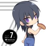  1girl ass ayamine_kei bangs belt black_belt black_choker blue_pants chibi choker clenched_hand copyright_name eyebrows_visible_through_hair food hair_behind_ear hair_between_eyes holding holding_food logo makishima_azusa medium_hair muvluv muvluv_alternative muvluv_alternative_(anime) pants solo violet_eyes yakisobapan 