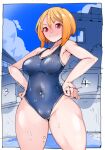  1girl armpits blonde_hair blue_sky copyright_request covered_navel empty_pool hairband hands_on_hips highres one-piece_swimsuit original pool sky starting_block swimsuit takayama_toshinori thick_thighs thighs toned wet wet_clothes 