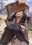    1girl armor ass back back_cutout black_bodysuit blonde_hair blue_sky blurry blurry_background bodysuit clothing_cutout clouds criss-cross_back-straps facing_away from_behind highres kisara_(tales) leg_armor long_hair outdoors patreon_username pauldrons see-through shexyo shield shoulder_armor sky solo tales_of_(series) tales_of_arise thighs 