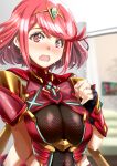  1girl ayamo_kaoru bangs black_gloves breasts chest_jewel earrings fingerless_gloves gloves highres jewelry large_breasts pyra_(xenoblade) red_eyes redhead short_hair solo swept_bangs tiara xenoblade_chronicles_(series) xenoblade_chronicles_2 