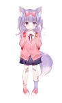  1girl absurdres animal_ear_fluff animal_ears backpack bag bandaid bandaid_on_knee bandaid_on_leg bow cardigan fox_ears fox_girl fox_tail full_body hair_bow heterochromia highres indie_virtual_youtuber long_hair long_sleeves looking_at_viewer off_shoulder pink_cardigan pink_eyes plaid plaid_skirt pleated_skirt purple_hair shirt skirt sleepy_sakura sleeves_past_wrists smile tail toufu_mentaru_zabuton two_side_up violet_eyes white_shirt 