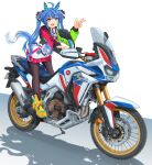  1girl @_@ absurdres ahoge animal_ears ankle_boots black_legwear blue_eyes blue_hair blue_ribbon boots coat commentary_request ear_covers eyebrows_visible_through_hair ground_vehicle hair_ribbon heterochromia highres honda honda_crf1100l horse_ears horse_girl horse_tail logo long_hair long_sleeves looking_at_viewer messy_hair mikeran_(mikelan) motor_vehicle motorcycle multicolored_coat on_motorcycle open_mouth pantyhose partial_commentary ribbon shadow sharp_teeth sidelocks smile solo standing stuffed_animal stuffed_bunny stuffed_toy tail teeth twin_turbo_(umamusume) twintails umamusume v v-shaped_eyebrows violet_eyes white_background yellow_footwear 