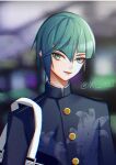  1boy androgynous bangs black_hair book bowl_cut collarbone eyelashes looking_at_viewer male_focus protagonist_(smtv) school_uniform shin_megami_tensei shin_megami_tensei_v short_hair simple_background smile solo xulinxin 