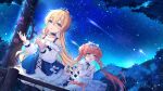  2girls blonde_hair blue_eyes bow character_request collarbone dress fang girl_cafe_gun green_eyes hair_between_eyes hair_bow highres long_hair multiple_girls night own_hands_clasped own_hands_together pink_hair plant sky star_(sky) starry_sky tree twintails younger 