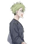  1boy :d amami_rantarou bangs danganronpa_(series) danganronpa_v3:_killing_harmony ear_piercing earrings from_side green_eyes green_hair highres jewelry leonham_(ila_55555) long_sleeves male_focus messy_hair necklace open_mouth piercing profile shirt short_hair simple_background sketch smile solo striped striped_shirt upper_body white_background 