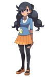  1girl absurdres arm_behind_back asatsuki_(fgfff) bangs black_hair black_legwear blue_sweater closed_mouth collared_shirt commentary_request emma_(pokemon) eyelashes highres looking_at_viewer orange_footwear orange_skirt pantyhose pleated_skirt pokemon pokemon_(game) pokemon_xy shirt shoes simple_background skirt sleeves_past_elbows solo standing sweater torn_clothes torn_legwear twintails violet_eyes white_background white_shirt 