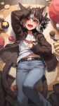  1girl :d animal_ear_fluff animal_ears arm_up bangs black_hair black_jacket blue_pants blush brown_eyes cat_ears cat_girl cat_tail collarbone commission eyebrows_visible_through_hair fangs feet_out_of_frame hair_between_eyes highres jacket looking_at_viewer lying melaton multicolored_hair on_back open_clothes open_jacket open_mouth original pants shirt skeb_commission smile solo tail two-tone_hair white_hair white_shirt wooden_floor 