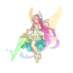  1girl bare_legs bare_shoulders blue_eyes breasts choker dragalia_lost energy_sword fairy fairy_wings fingerless_gloves flower gloves gradient_hair hair_flower hair_ornament hair_ribbon head_wreath large_breasts multicolored_hair notte_(dragalia_lost) official_art pink_hair purple_hair ribbon sandals side_braids single_glove sword weapon wing_hair_ornament wings 