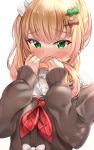  1girl blonde_hair blush brown_sweater eyebrows_visible_through_hair green_eyes hair_ornament hair_over_face hairclip highres hololive lomocya long_sleeves momosuzu_nene red_neckwear simple_background solo sweater virtual_youtuber white_background 