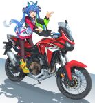  1girl @_@ absurdres ahoge animal_ears ankle_boots black_legwear blue_eyes blue_hair blue_ribbon boots coat commentary_request ear_covers eyebrows_visible_through_hair ground_vehicle hair_ribbon heterochromia highres honda honda_crf1100l horse_ears horse_girl horse_tail logo long_hair long_sleeves looking_at_viewer messy_hair mikeran_(mikelan) motor_vehicle motorcycle multicolored_coat on_motorcycle open_mouth pantyhose partial_commentary ribbon shadow sharp_teeth sidelocks smile solo standing stuffed_animal stuffed_bunny stuffed_toy tail teeth twin_turbo_(umamusume) twintails umamusume v v-shaped_eyebrows violet_eyes white_background yellow_footwear 