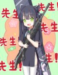  1girl animal_ear_fluff animal_ears bangs black_dress black_hair blue_archive blunt_bangs cat_ears china_dress chinese_clothes dress green_eyes gun highres long_hair object_hug open_mouth rifle short_sleeves shun_(blue_archive) smile solo thigh-highs tiger_ears tony90535 twintails weapon weapon_case weapon_request white_legwear 