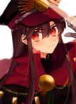 1girl black_hair eyebrows_visible_through_hair fate/grand_order fate_(series) gloves hair_between_eyes hat highres long_hair looking_at_viewer oda_nobunaga_(fate) red_eyes simple_background smile solo upper_body usamimikurage white_background 