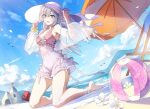  1girl ball bangs bare_shoulders barefoot beach beach_chair beach_umbrella beachball bird blue_eyes blue_sky blush bow breasts bucket clouds covered_navel day eyebrows_visible_through_hair flower frilled_swimsuit frills hair_bow hat hat_ribbon holding holding_clothes holding_hat kneeling leg_ribbon light_purple_hair long_hair looking_at_viewer low_twintails medium_breasts mountainous_horizon one-piece_swimsuit open_mouth original outdoors petals purple_ribbon ribbon sand_castle sand_sculpture scrunchie sky smile solo sun_hat swimsuit twintails umbrella wattaro white_bow white_flower white_headwear white_ribbon wrist_scrunchie yellow_scrunchie 