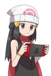  1girl asatsuki_(fgfff) beanie black_hair bracelet closed_mouth commentary_request hikari_(pokemon) eyelashes grey_eyes hair_ornament hairclip handheld_game_console hands_up hat highres holding holding_handheld_game_console jewelry long_hair nintendo_switch pokemon pokemon_(game) pokemon_dppt red_scarf scarf simple_background solo white_background white_headwear 