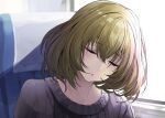  1girl big_hair black_sweater closed_eyes facing_viewer green_hair head_tilt idolmaster idolmaster_cinderella_girls kagawa_ichigo medium_hair mole mole_under_eye parted_lips sitting sleeping sleeping_upright solo sweater takagaki_kaede train_interior 