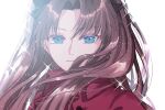  1girl backlighting black_bow blue_eyes bow brown_hair fate/stay_night fate_(series) hair_bow jacket long_hair looking_at_viewer red_jacket roku_(ntbr_fate) tohsaka_rin two_side_up upper_body white_background wind wind_lift 