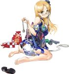  1girl ass bangs blonde_hair blunt_bangs breasts floral_print full_body green_eyes japanese_clothes kantai_collection kimono large_breasts long_hair northampton_(kancolle) official_alternate_costume official_art rope semi-rimless_eyewear torn_clothes yukata zeco 
