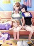 3girls absurdres asaka_karin bedroom black_hair blush braid breasts brown_hair closed_eyes commentary couch duplicate emma_verde eyelashes head_on_another&#039;s_shoulder highres indoors konoe_kanata lap_pillow large_breasts love_live! love_live!_nijigasaki_high_school_idol_club mia_(fai1510) multiple_girls on_couch parted_lips shorts sitting sleeping thighs twin_braids twintails