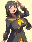 1girl :d bangs black_hair blunt_bangs blunt_ends breasts collarbone eyebrows_visible_through_hair highres large_breasts long_hair long_sleeves low-tied_long_hair maki_yoshitake neckerchief open_mouth original sailor_collar salute smile solo yellow_eyes yellow_neckwear 
