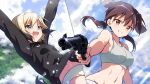  2girls :d abs animal_ears arms_up bad_id bad_twitter_id bangs black_hair black_jacket black_ribbon blonde_hair blue_sky blurry blurry_background brown_eyes brown_hair clouds cloudy_sky commentary day depth_of_field dog_ears erica_hartmann gertrud_barkhorn grey_panties grey_sports_bra grin gun hair_ribbon highres holding holding_gun holding_weapon ichiren_namiro jacket light_particles long_hair long_sleeves low_twintails military military_uniform multicolored_hair multiple_girls navel open_mouth outdoors outside_border panties ribbon short_hair sky smile sparkle sports_bra strike_witches twintails two-tone_hair underwear uniform weapon white_panties world_witches_series 