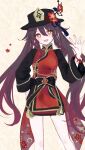  +_+ 10ofton10 1girl :d bangs branch brown_hair brown_headwear chinese_clothes genshin_impact hair_between_eyes hand_on_hip hat highres hu_tao_(genshin_impact) long_hair long_sleeves looking_at_viewer open_mouth red_eyes smile solo twintails waving 