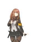  1girl :3 armband bangs black_jacket brown_eyes brown_hair closed_mouth fingerless_gloves girls_frontline gloves gun h&amp;k_ump9 hair_between_eyes hair_ornament holding holding_gun holding_weapon hood hood_down hooded_jacket jacket looking_at_viewer navel open_clothes open_jacket open_shirt scar scar_across_eye simple_background solo tab_(tabkun) twintails ump9_(girls&#039;_frontline) weapon white_background 
