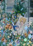  1boy bandages bed blonde_hair blue_flower blue_theme facial_hair feleven flower highres hospital_bed indoors intravenous_drip lying on_back one_piece plant reading sanji smile solo window 