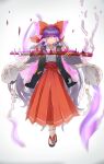  1girl aura bow commentary_request floating full_body fusion glowing glowing_eye gohei hair_bow hair_tubes hakama hakama_skirt hakurei_reimu hakurei_reimu_(pc-98) highres japanese_clothes katana long_hair long_sleeves looking_at_viewer meira_(touhou) miko priestess purple_hair red_bow red_hakama ribbon-trimmed_sleeves ribbon_trim sandals scabbard sefushi serious sheath short_hair simple_background skirt solo sword touhou unsheathing violet_eyes weapon white_background white_footwear white_sleeves wide_sleeves yin_yang yin_yang_print 