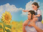  2boys beard black_hair buzz_cut carrying character_request child clouds cloudy_sky facial_hair flower golden_kamuy large_pectorals long_sideburns looking_to_the_side male_focus mature_male multiple_boys muscular muscular_male nopinzo pectorals piggyback shirt short_hair sideburns sky smile sunflower tanigaki_genjirou thick_eyebrows upper_body very_short_hair white_shirt 
