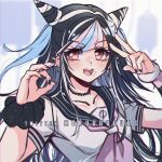  1girl :d artist_name bangs black_hair black_nails black_sailor_collar blue_hair collarbone criis-chan danganronpa_(series) danganronpa_2:_goodbye_despair ear_piercing fang hair_horns long_hair mioda_ibuki multicolored_hair neckerchief open_mouth piercing pink_background pink_eyes pink_hair pink_neckwear sailor_collar school_uniform scrunchie shiny shiny_hair smile solo upper_body v white_hair wrist_scrunchie 