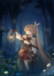  1girl ahoge bangs belt blonde_hair blurry blurry_background bow bowtie brown_eyes brown_gloves brown_legwear buckle cape eyebrows_visible_through_hair feathers fingerless_gloves frills from_side full_body gloves hair_between_eyes hand_up highres holding holding_lantern hololive knife lantern long_hair long_sleeves nanashi_mumei parted_lips ponytail sidelocks single_thighhigh solo spi standing thigh-highs thighs tree very_long_hair virtual_youtuber wrist_cuffs 