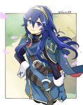 1girl armor bangs belt belt_buckle blue_eyes blue_gloves blue_hair border buckle cape eyebrows_visible_through_hair fingerless_gloves fire_emblem fire_emblem_awakening gloves hair_between_eyes hand_on_hip long_hair long_sleeves looking_at_viewer lucina_(fire_emblem) petals shoulder_armor smile solo sweater symbol_in_eye tiara turtleneck turtleneck_sweater twitter_username wrist_cuffs yukia_(firstaid0) 