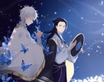  2boys black_hair blue_butterfly bug butterfly cape earrings hat hat_removed headwear_removed jewelry kujokoii long_hair lowres multiple_boys short_hair sky:_children_of_the_light tassel tassel_earrings 