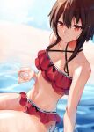    1girl absurdres bangs bare_shoulders bikini blush breasts collarbone highres kono_subarashii_sekai_ni_shukufuku_wo! looking_at_viewer megumin memero_7272 navel red_bikini red_eyes short_hair_with_long_locks small_breasts smile solo swimsuit thighs wet 