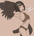    1girl bangs bare_shoulders bird_tail black_feathers black_hair black_wings brown_background dark_souls_(series) dark_souls_iii feathered_wings feathers harpy midriff monster_girl nfwar open_mouth personification pickle_pee_pump-a-rum_crow rags short_hair simple_background solo speech_bubble tail tail_feathers winged_arms wings yellow_eyes 